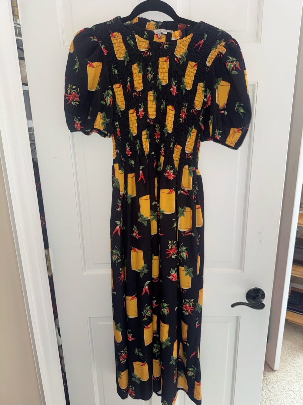 Black Smocked Maxi Dress with Yellow Cocktail Print
